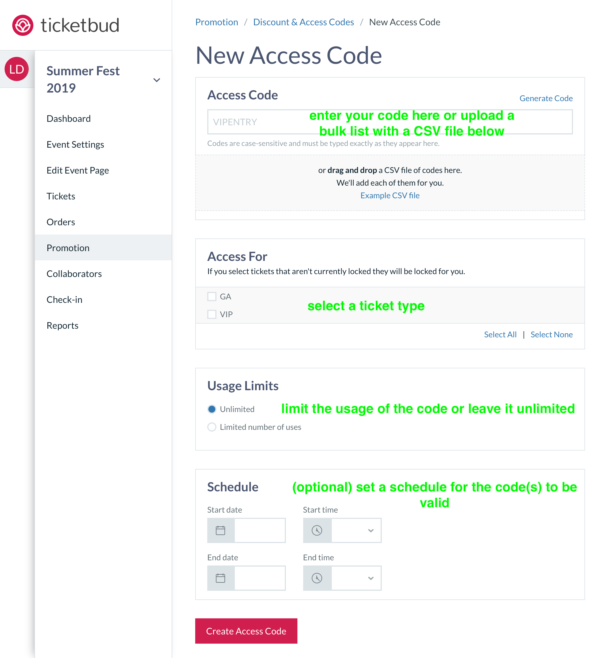 Create Access Codes Ticketbud Help Center